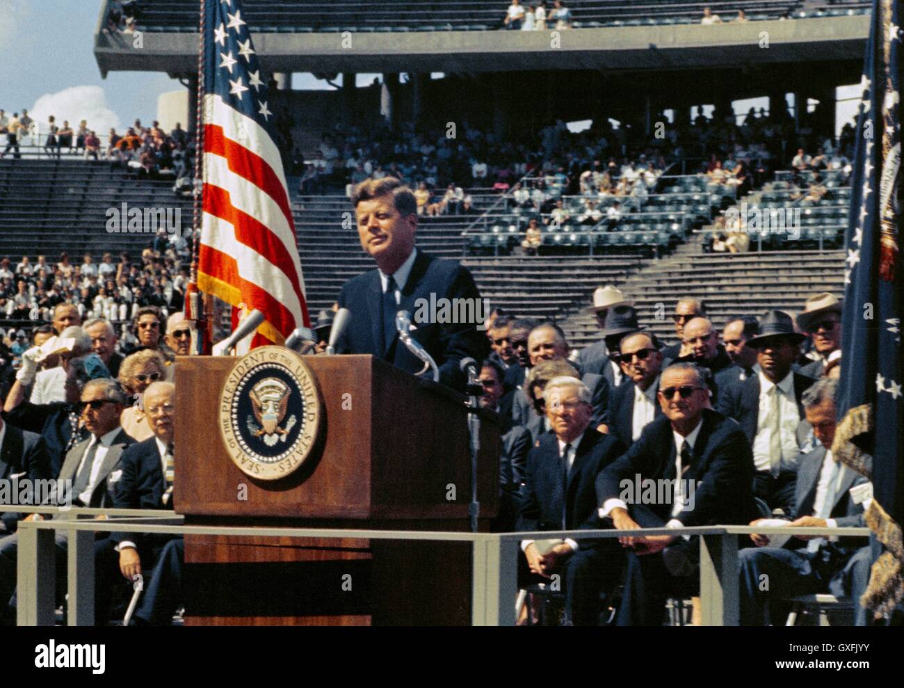 U.S. President John F. Kennedy delivers his famous speech on space exploration and the nations effort to land on the Moon during an address at the Rice University Stadium September 12, 1962 in Houston, Texas. Stock Photo