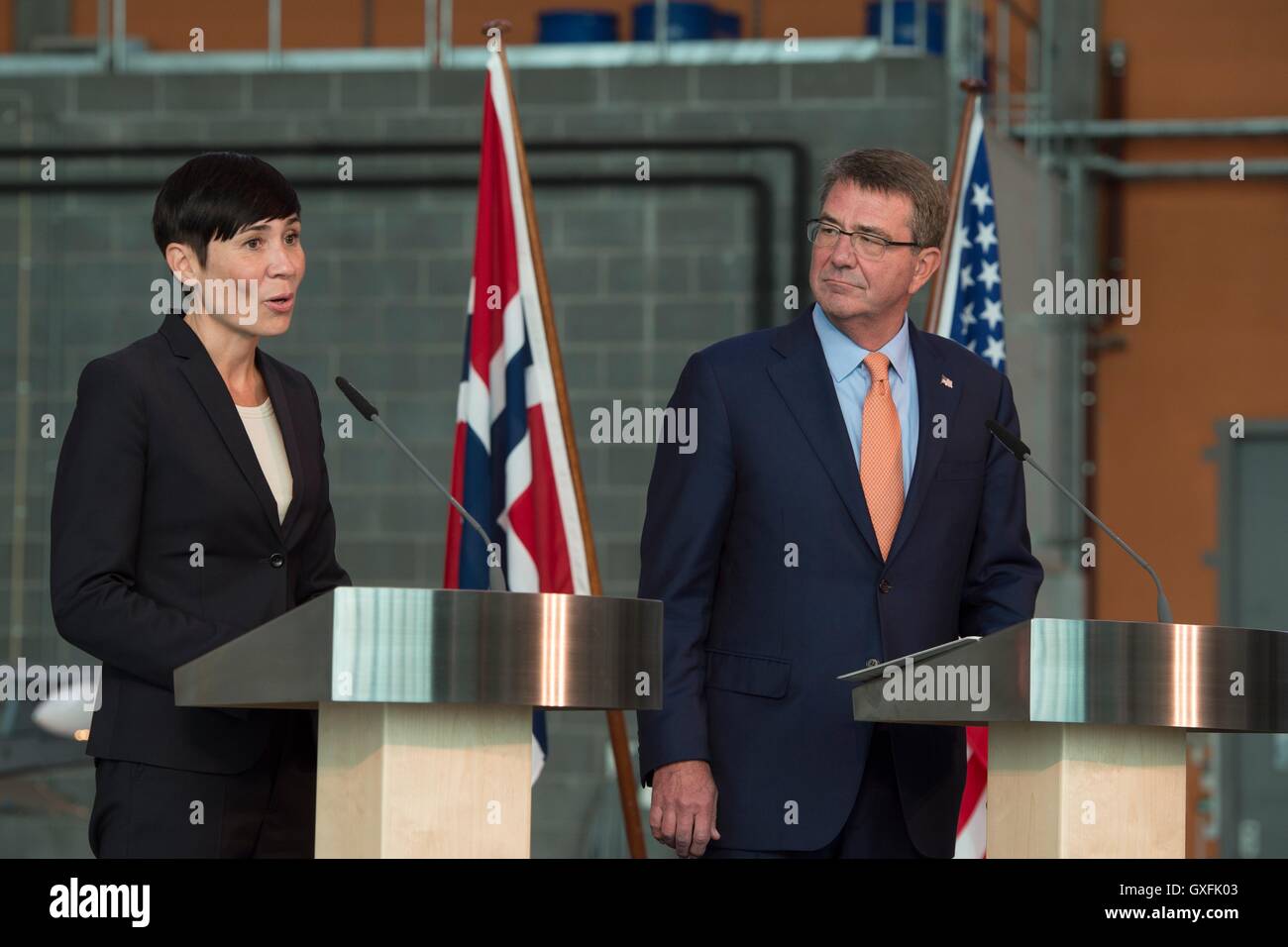 U.S. Secretary of Defense Ashton Carter during a joint press conference with Norwegian Minister of Defense Ine Eriksen Soreide September 9, 2016 in Oslo, Norway. Stock Photo
