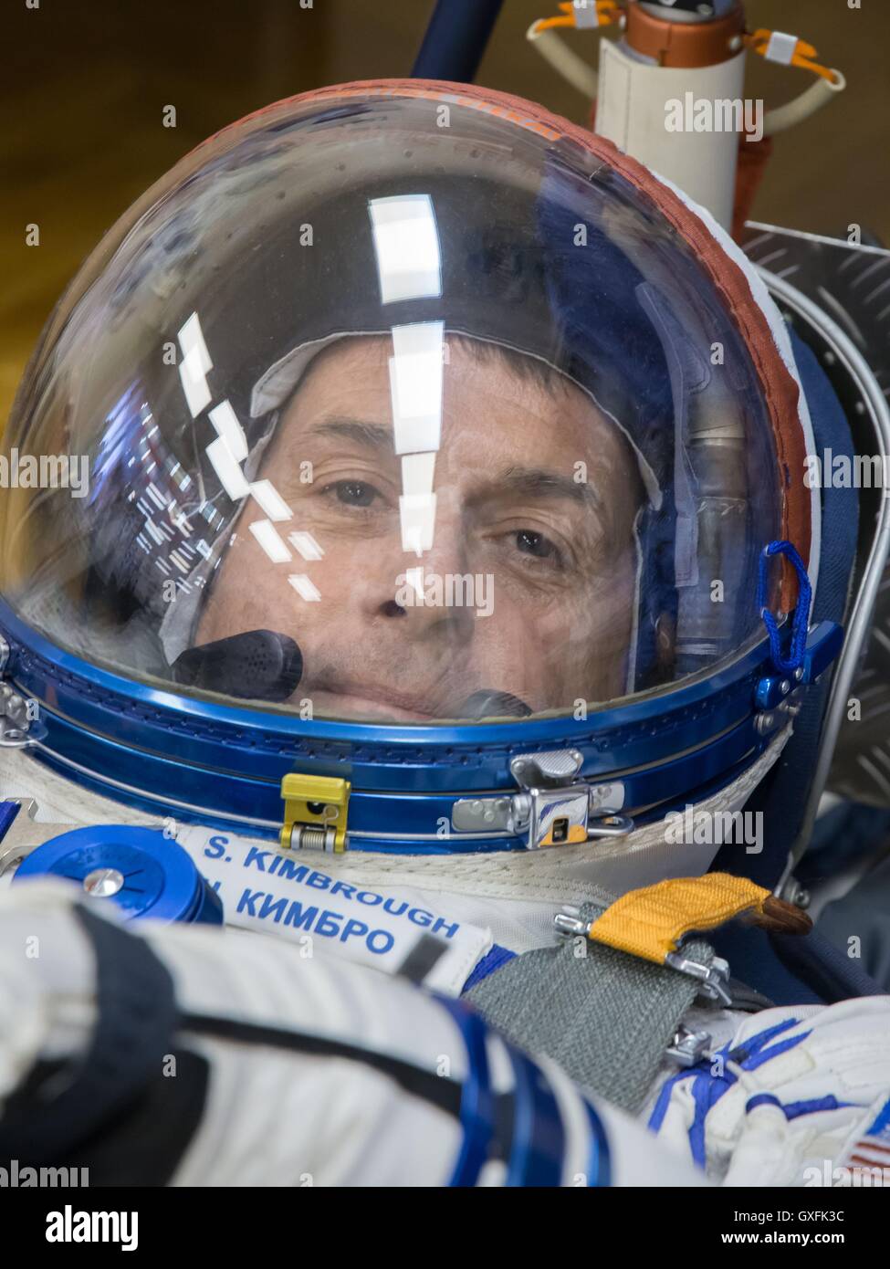 International Space Station Expedition 49 crew member NASA astronaut Shane Kimbrough undergoes a pressure test on his Sokol launch and entry suit during a pre-launch training fit check at the Baikonur Cosmodrome Integration Facility September 9, 2016 in Kazakhstan. Stock Photo