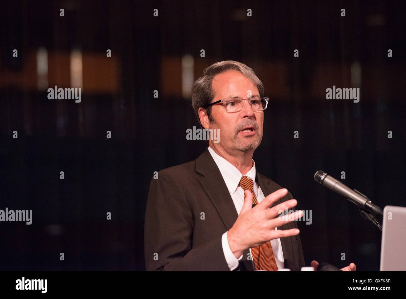 Austin City Demographer Ryan Robinson speaks about the new city council electoral process during a discussion at the LBJ Presidential Library October 7, 2014 in Austin, Texas. Stock Photo