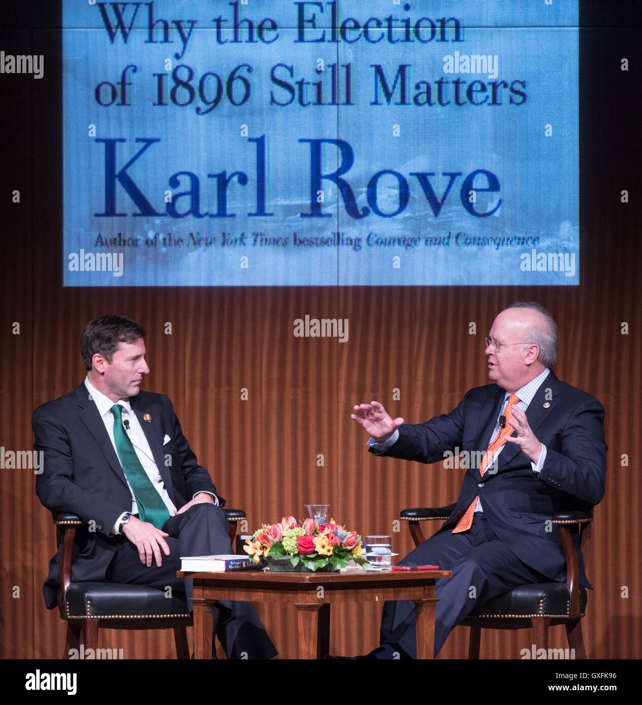 GOP political consultant Karl Rove discusses his forthcoming book with library director Mark Updegrove (left) during the Texas Book Festival at the LBJ Presidential Library December 1, 2015 in Austin, Texas. Jay Godwin. Stock Photo