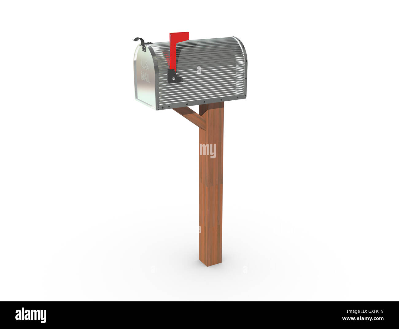 A 3D rendering of a chrome and empty US Mailbox, closed with corrugated
