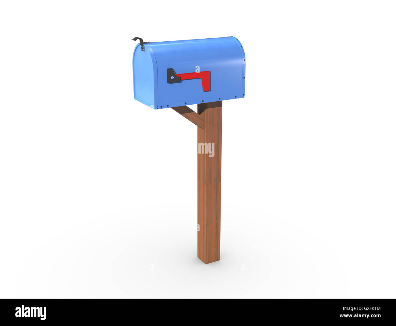 A 3D rendering of a blue and empty US Mailbox, closed with clean casing and red flag down Stock