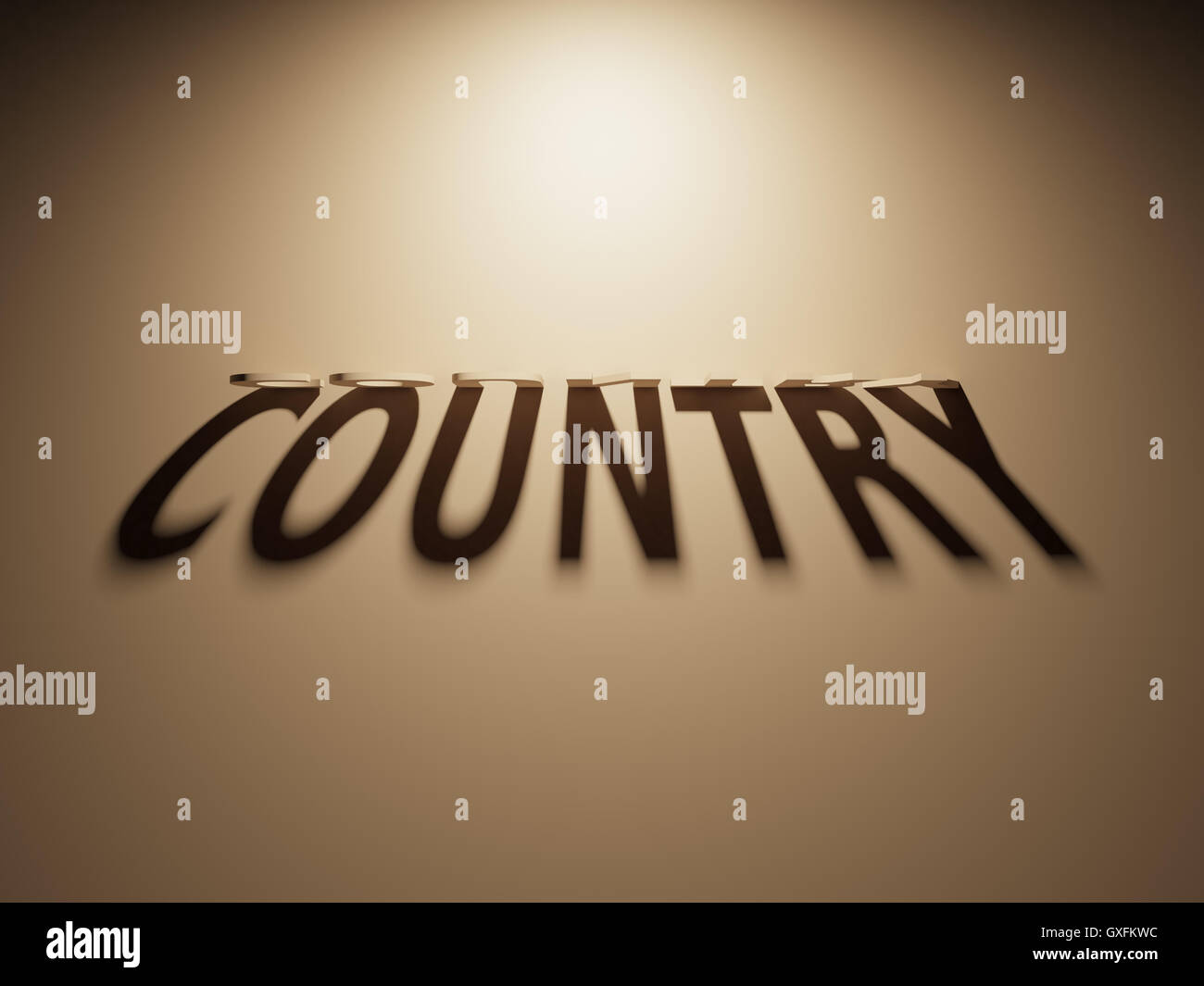 A 3D Rendering of the Shadow of an upside down text that reads Country. Stock Photo
