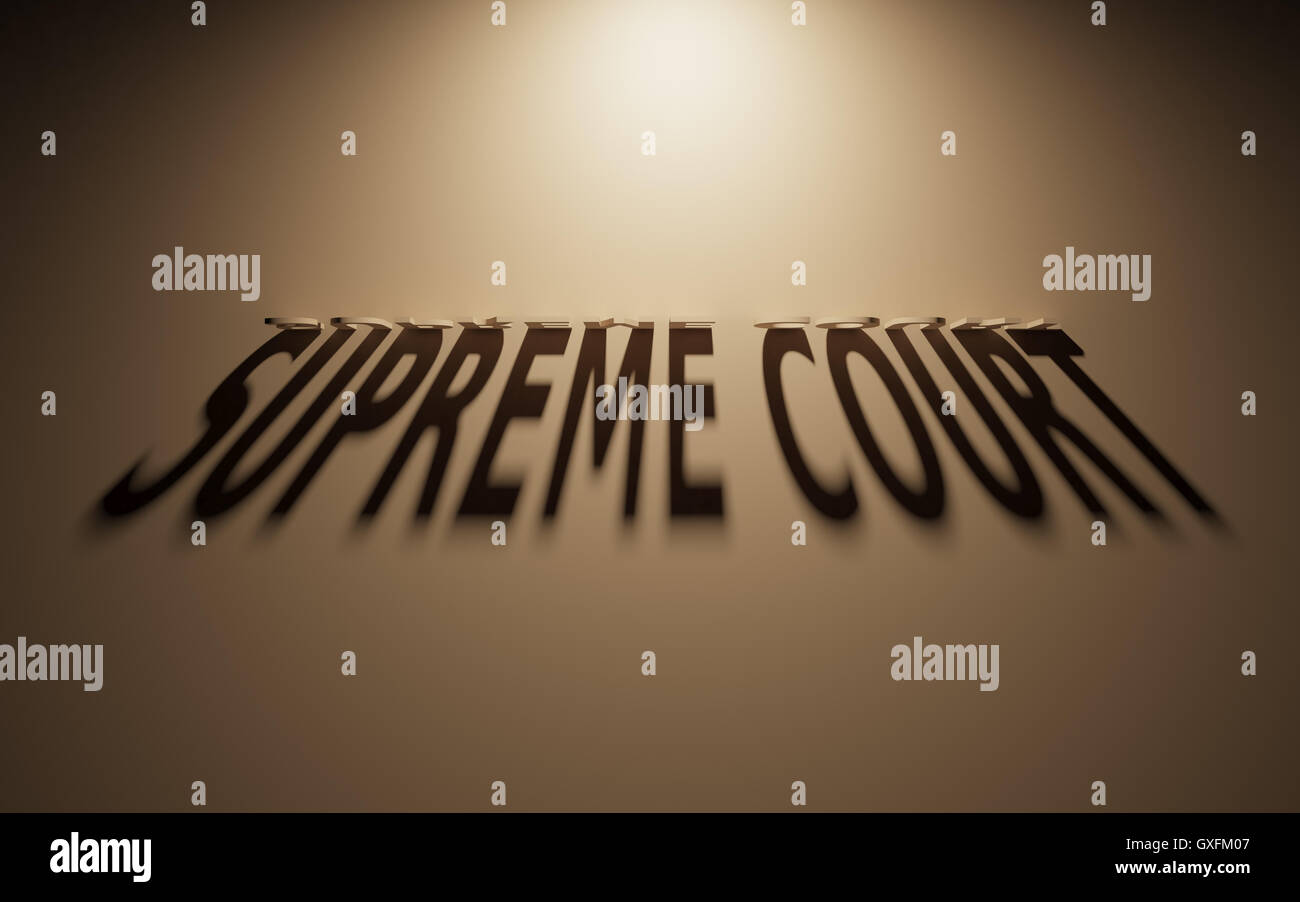 A 3D Rendering of the Shadow of an upside down text that reads Supreme Court. Stock Photo