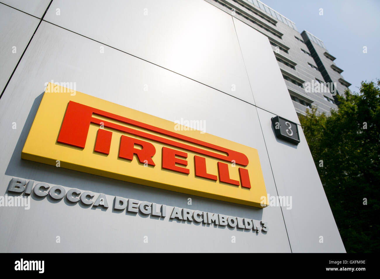 A logo sign outside of the headquarters of Pirelli & C. SpA in Milan, Italy on September 3, 2016. Stock Photo