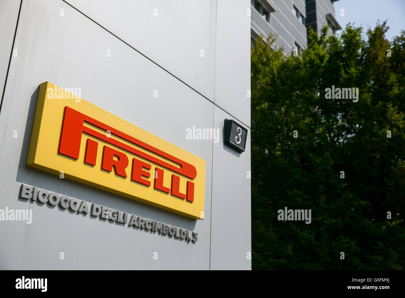 A logo sign outside of the headquarters of Pirelli & C. SpA in Milan, Italy on September 3, 2016. Stock Photo
