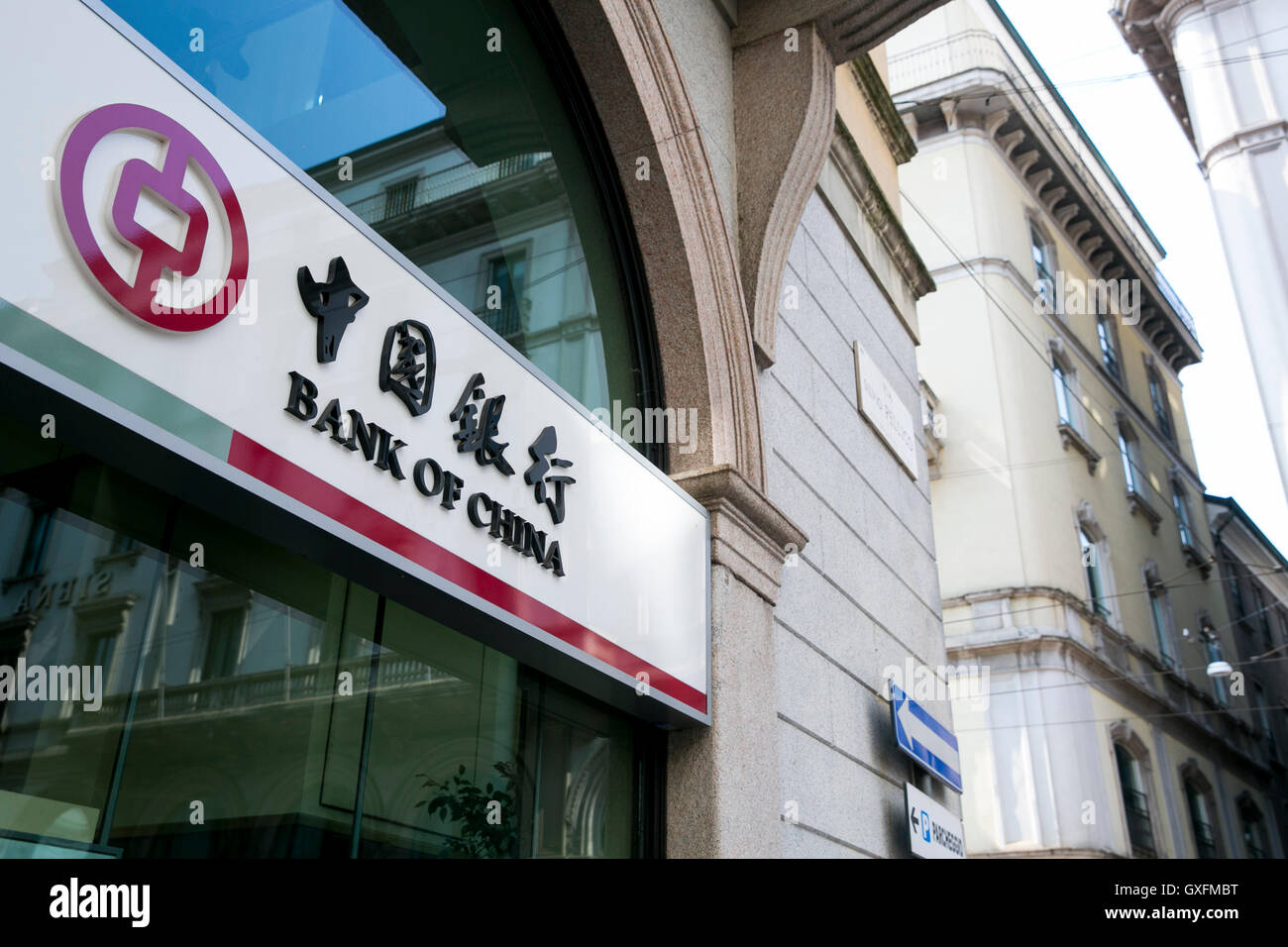 A logo sign outside of the Milan branch of the Bank of China in Milan, Italy on September 3, 2016. Stock Photo