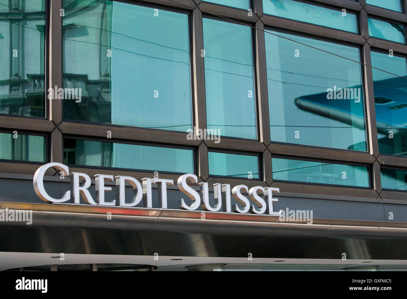 A logo sign outside of a facility occupied by the Credit Suisse Group in Milan, Italy on September 3, 2016. Stock Photo