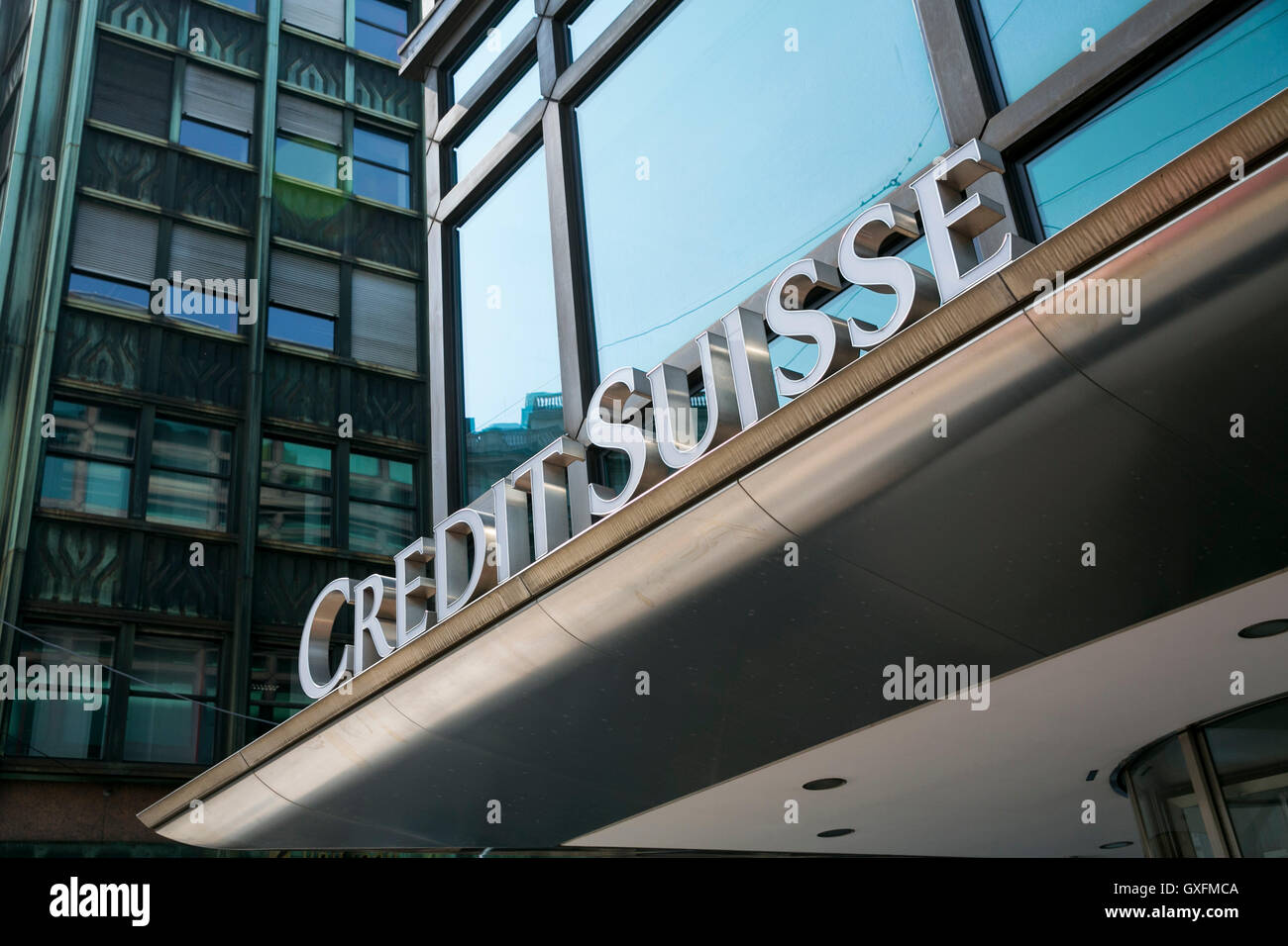 A logo sign outside of a facility occupied by the Credit Suisse Group in Milan, Italy on September 3, 2016. Stock Photo