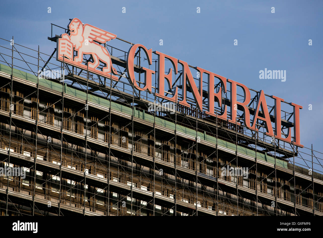 A logo sign outside of a facility occupied by the Generali Group in Milan, Italy on September 3, 2016. Stock Photo