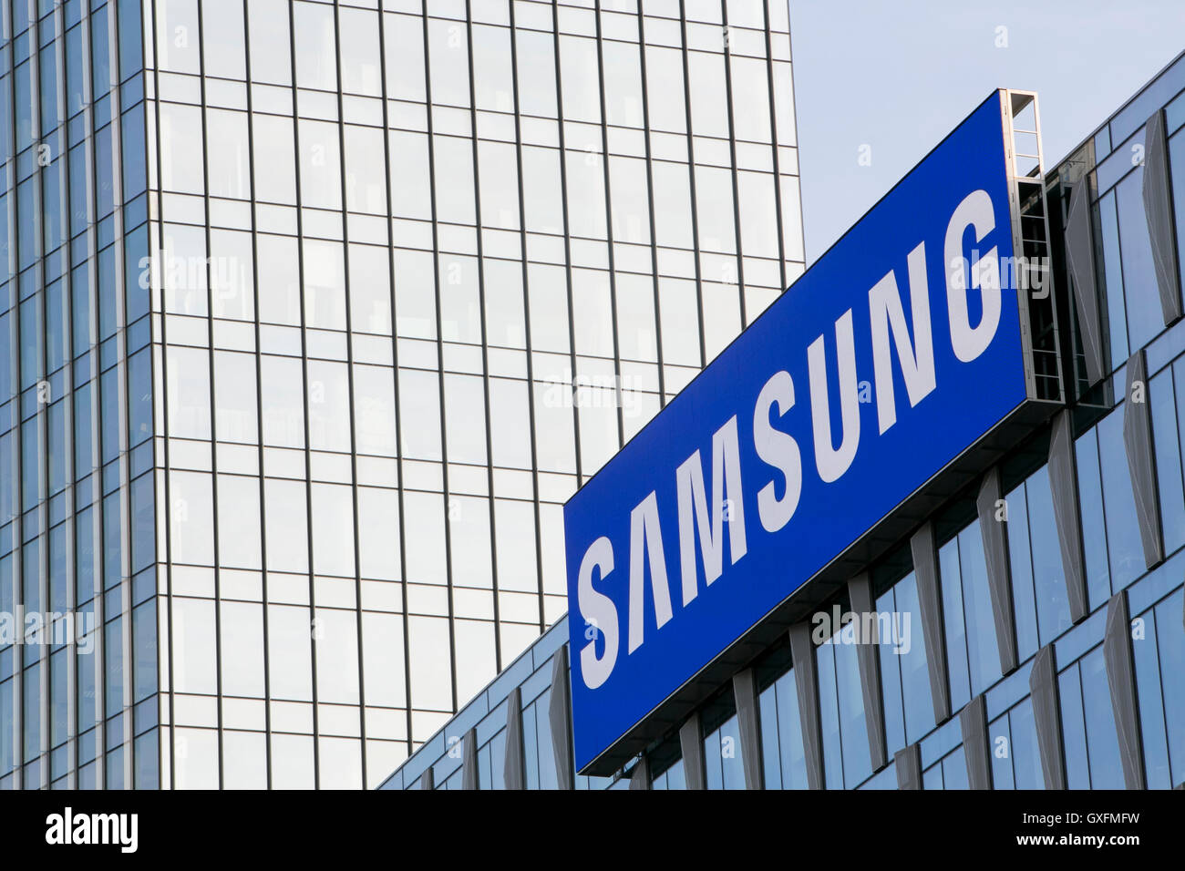 A logo sign outside of a facility occupied by the Samsung Group in Milan, Italy on September 3, 2016. Stock Photo