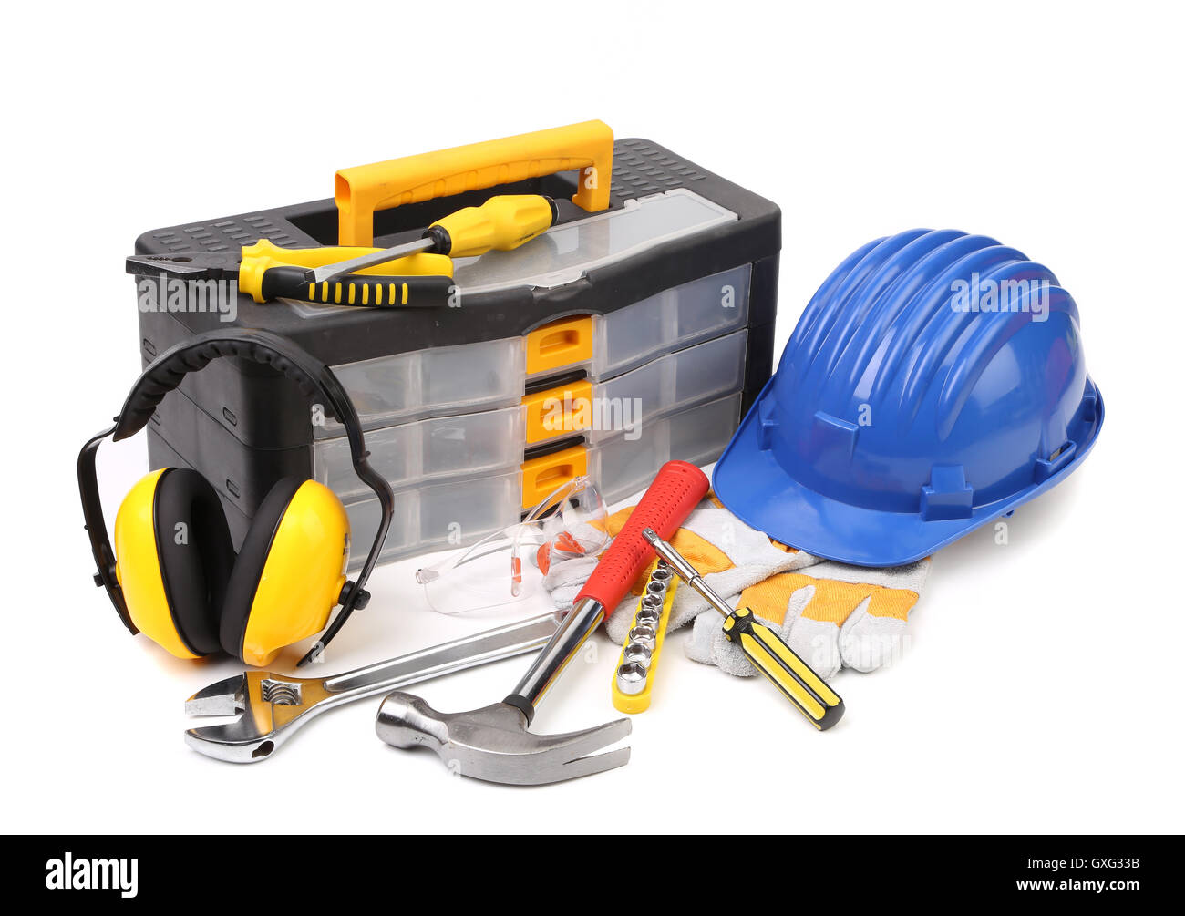Set of tools and instruments with toolbox Stock Photo Alamy