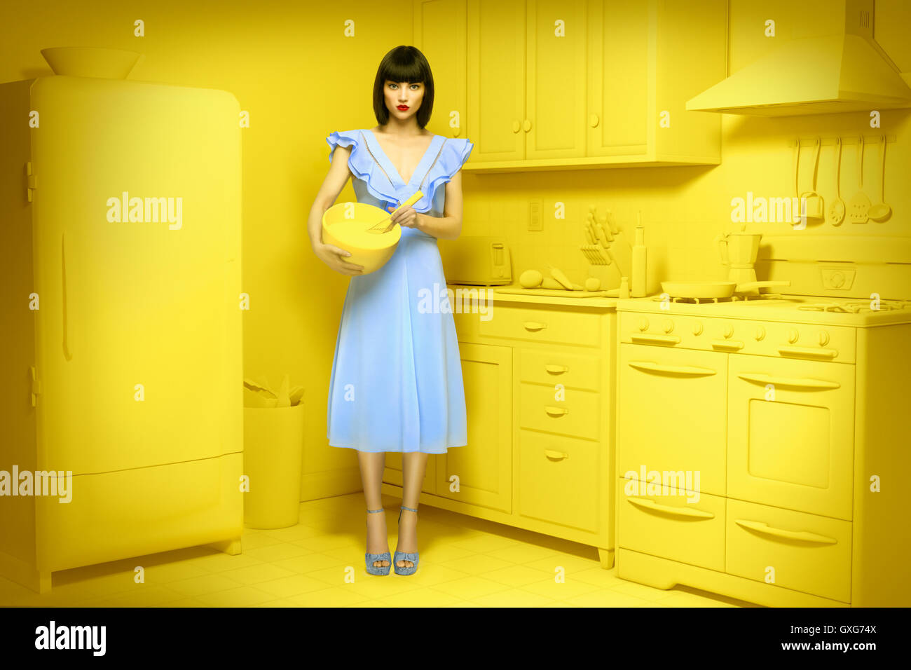 Caucasian woman in yellow old-fashioned kitchen holding mixing bowl Stock Photo