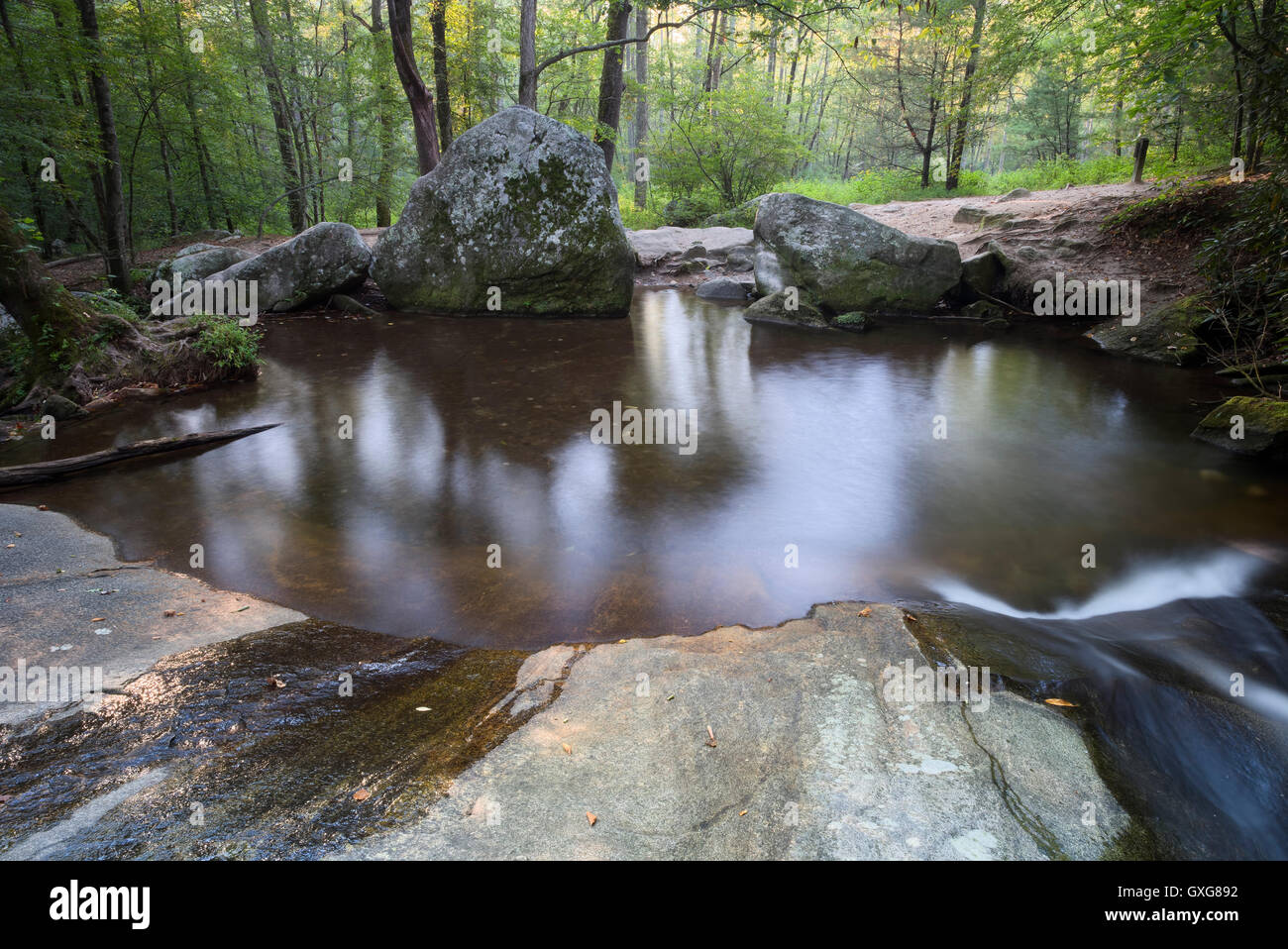 Stone Mountain State Park. Roaring Gap North Carolina. Pool at the base of Widows Creek Falls. waterfall Stock Photo