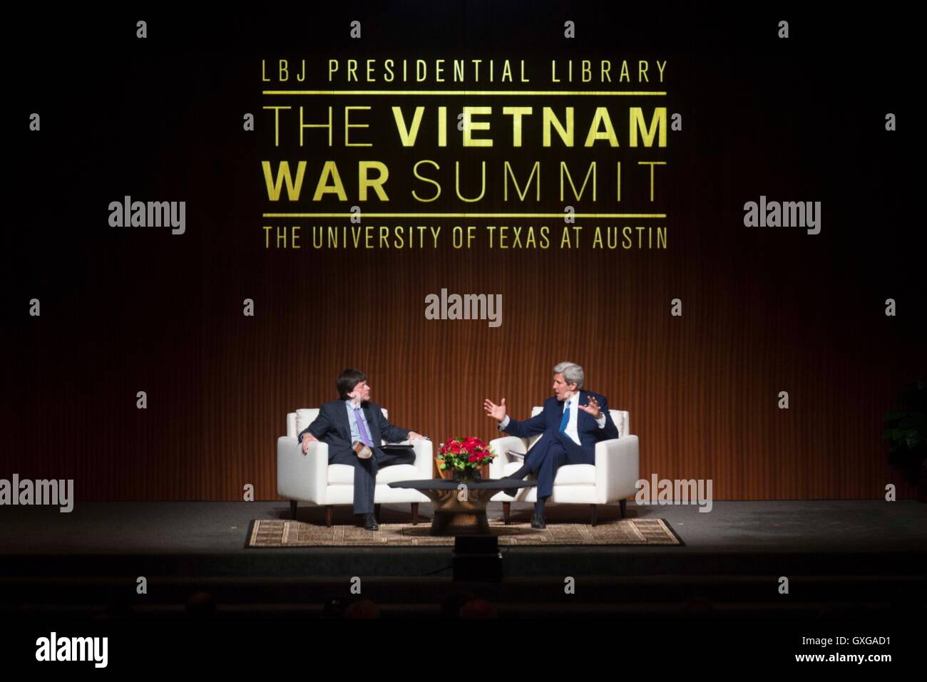 Documentary filmmaker Ken Burns and U.S. Secretary of State John Kerry engage in a public conversation about the Vietnam War at the LBJ Presidential Library April 27, 2016 in Austin, Texas. Stock Photo