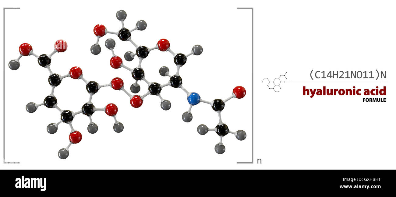 Hyaluronic acid chemical formula, molecule structure, medical  illustration. Stock Photo