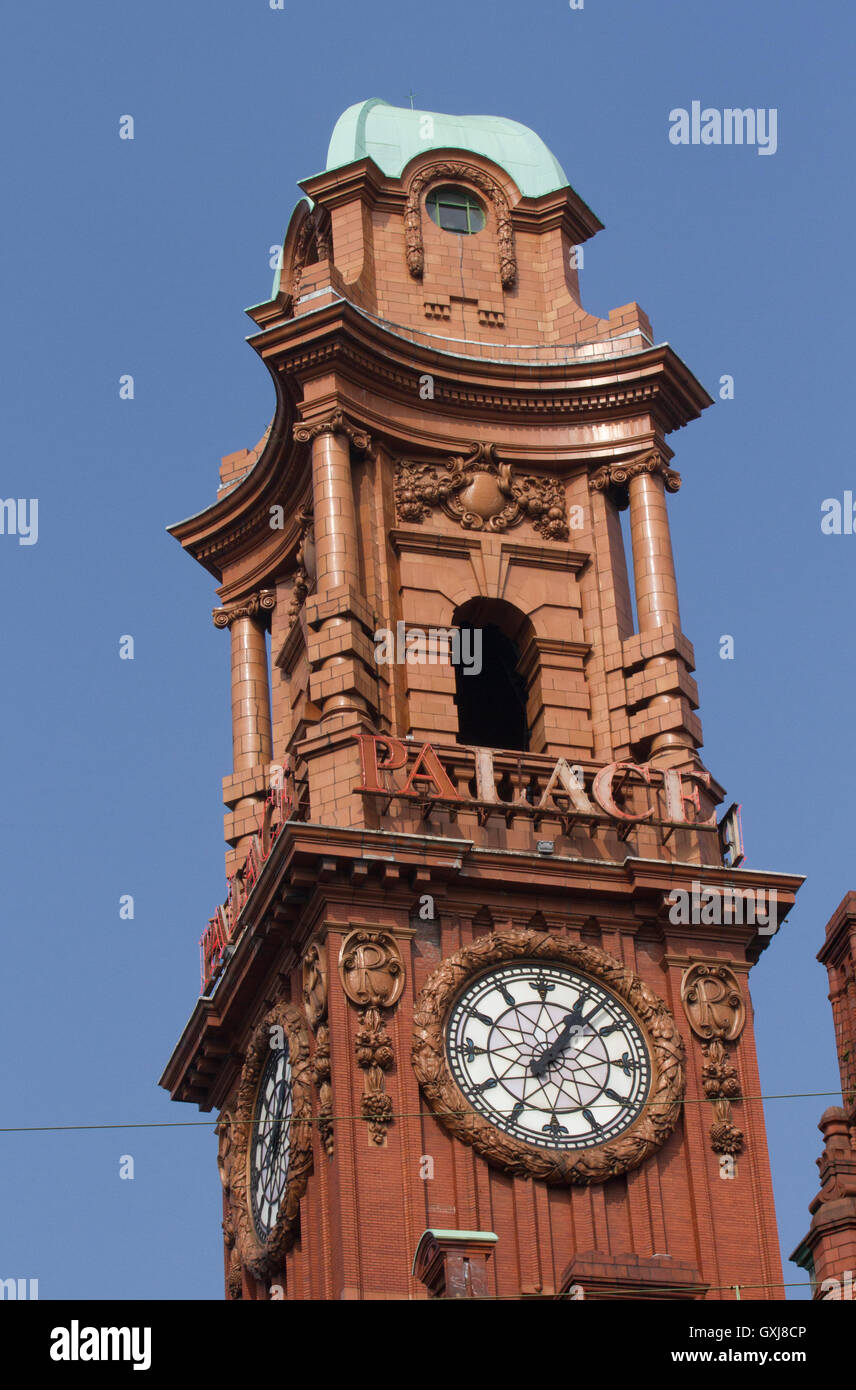 The Palace Theatre clock and red-brick tower in Oxford Street, Manchester, UK Stock Photo
