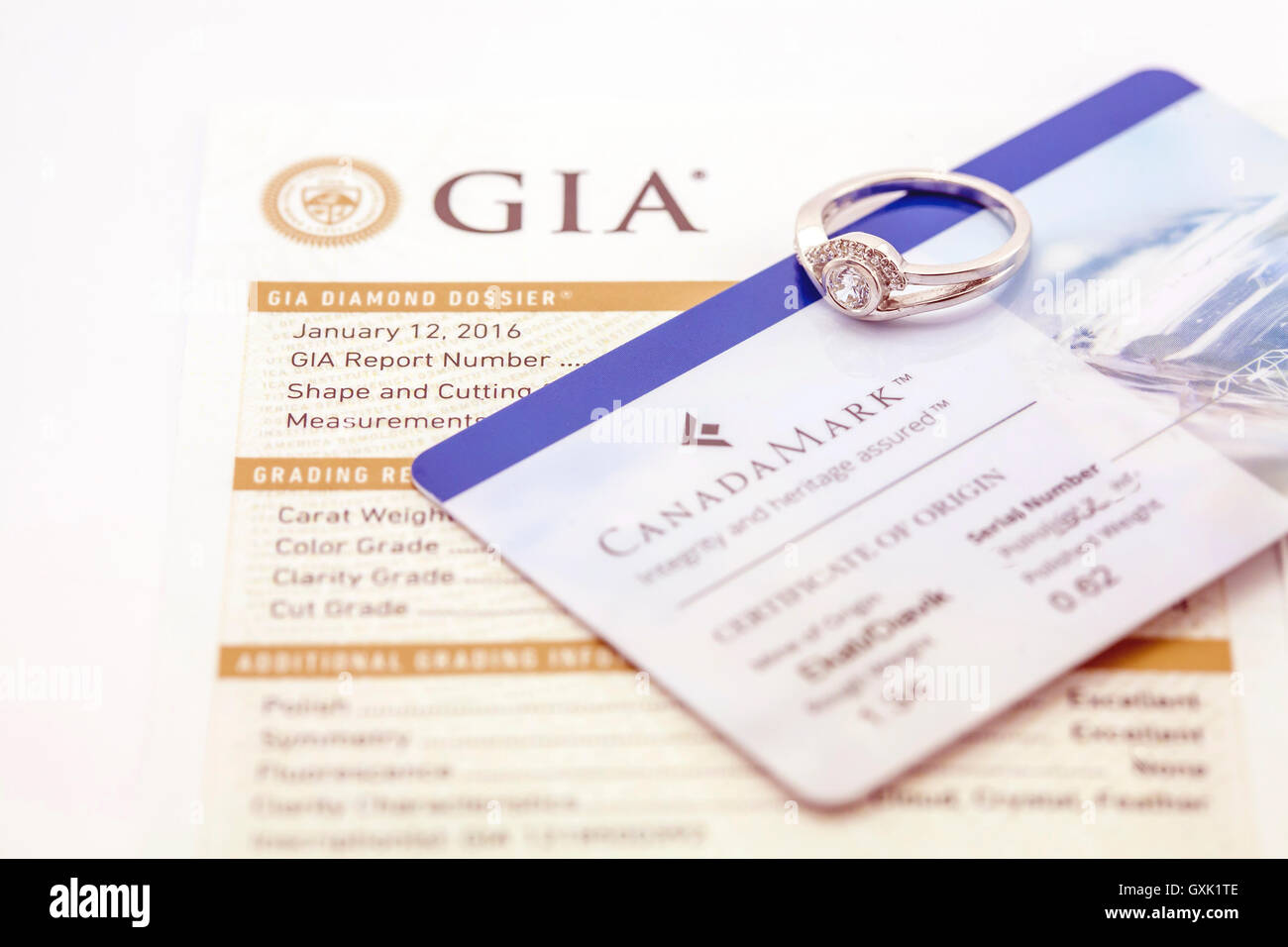 Diamond with GIA certificate Canada Mark Stock Photo