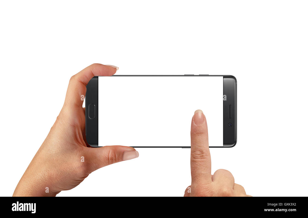 Taking photo with modern smart phone with blank screen for mockup. Woman hold phone in horizontal position. Isolated background. Stock Photo