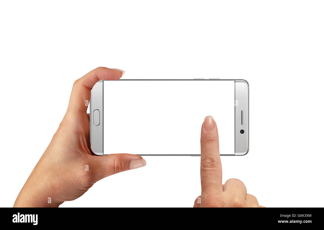 Woman touch isolated white smartphone display for mockup. Horizontal position of white modern edge cell phone with isolated back Stock Photo