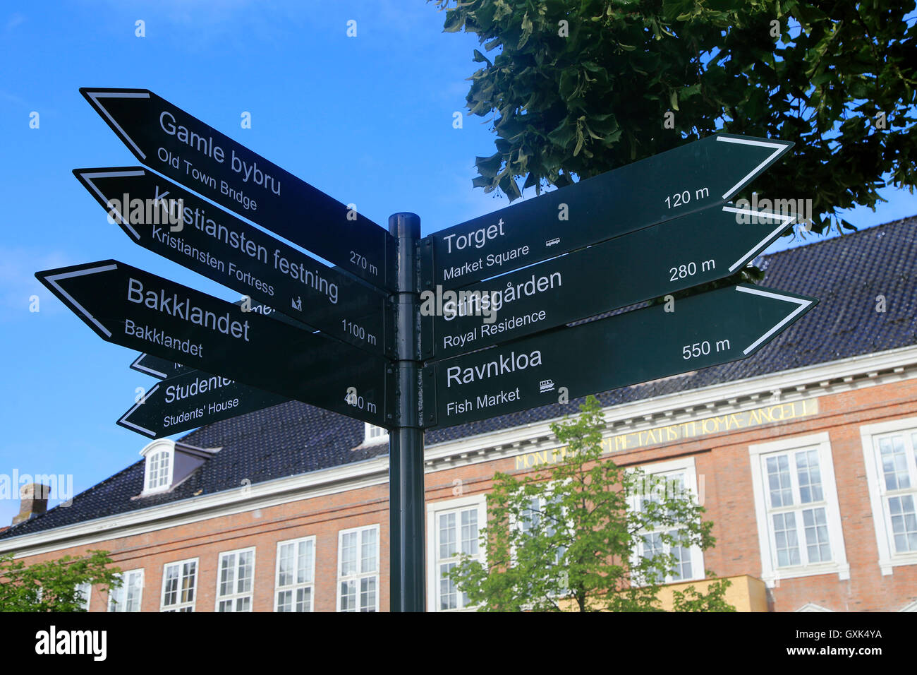 Sign with arrows pointing to various tourist attractions in city centre,  Trondheim, Norway Stock Photo