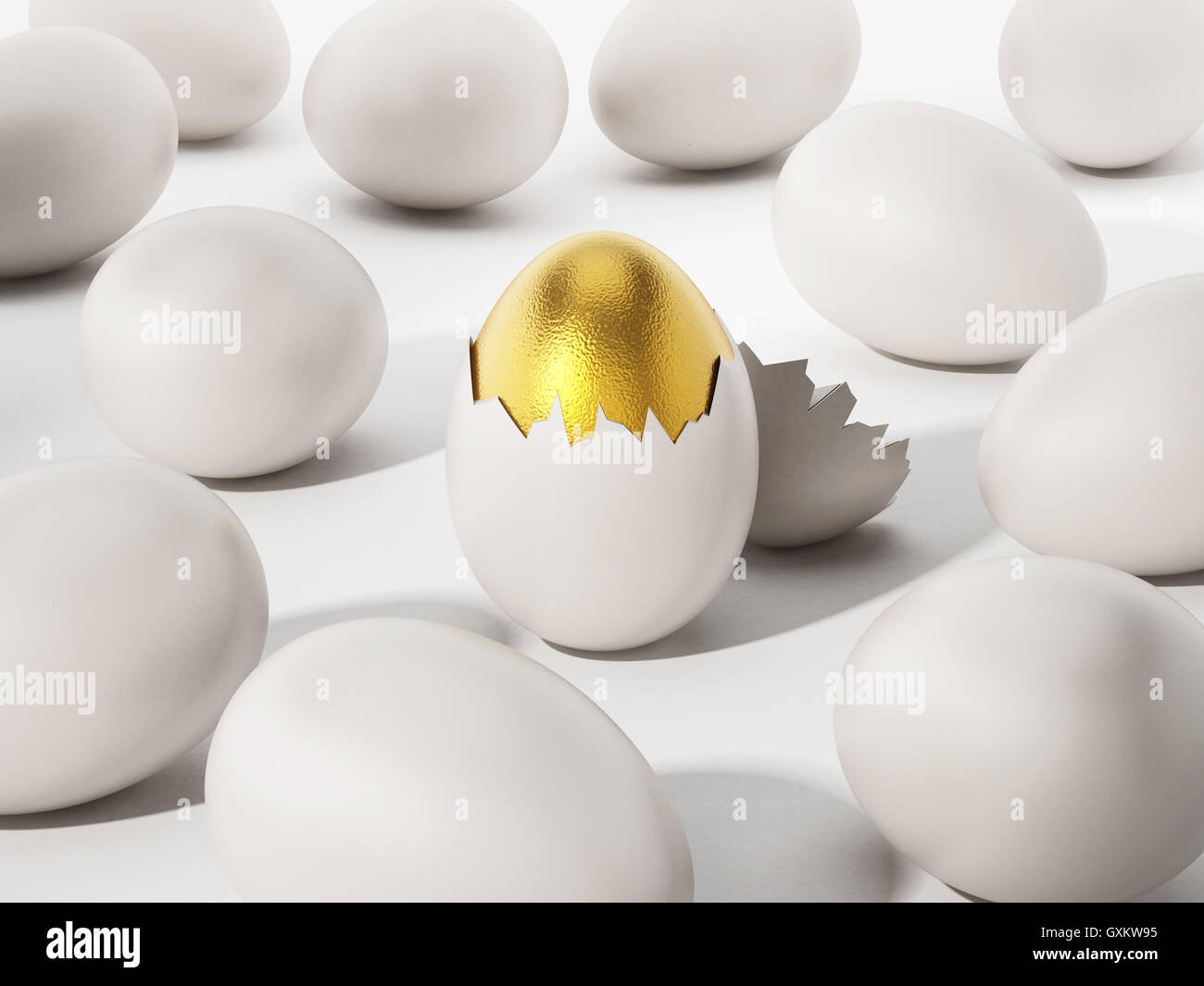 Unique golden egg in row of ordinary white eggs Vector Image