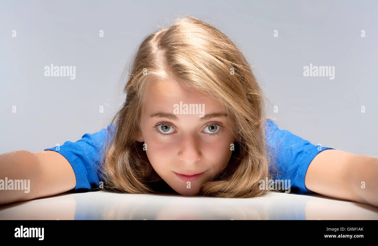 Portrait of a Beautiful Young Girl with Long Blond Hair Stock Photo - Alamy