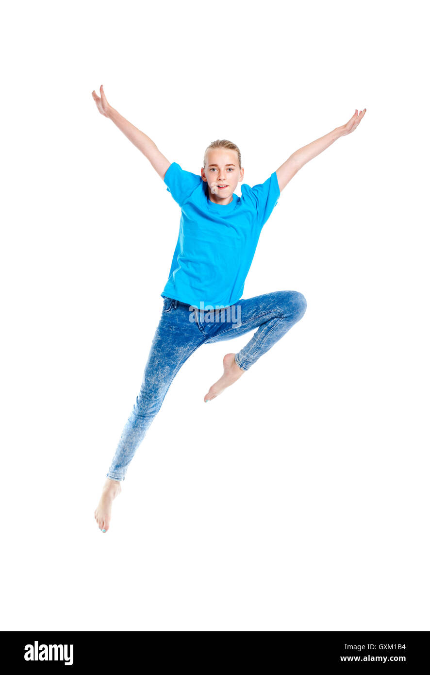 Young Girl with Blond Hair Jumping in the Air Stock Photo - Alamy