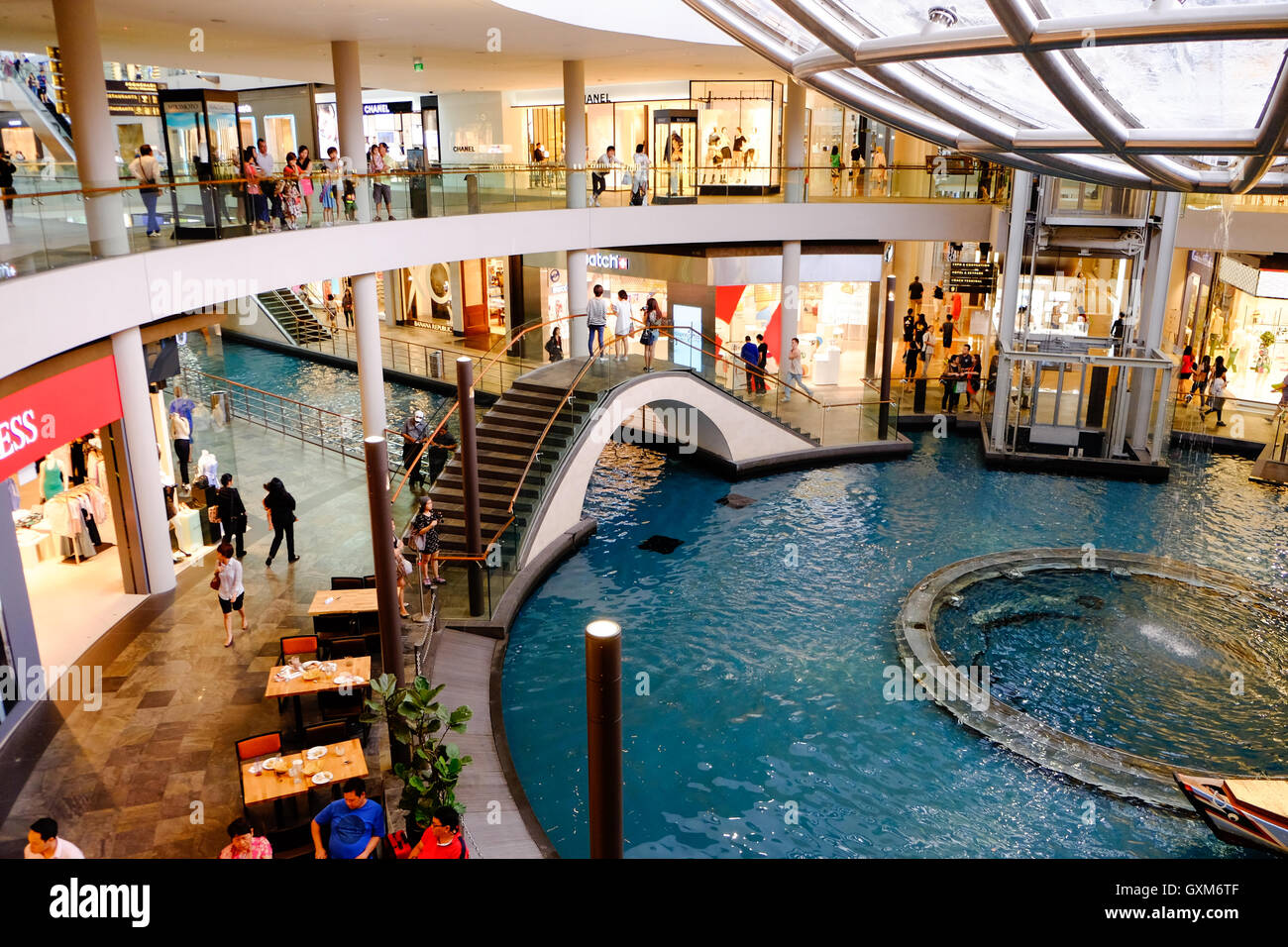 Interior with canal in the Maria bay Sands shopping centre Singapore Stock Photo