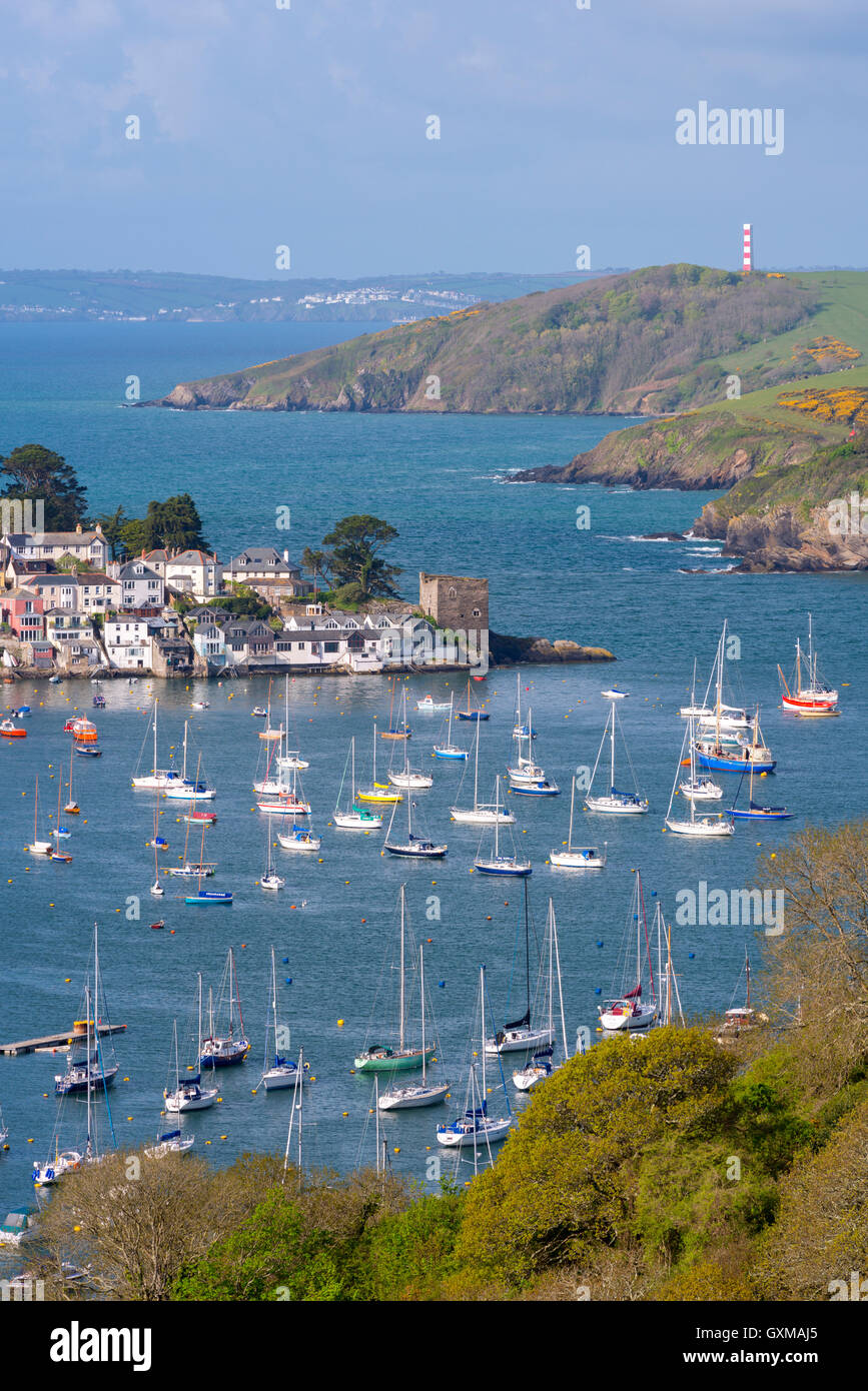 Boats moored in the sheltered waters of Fowey Estuary near Polruan, Cornwall, England. Spring (May) 2015. Stock Photo