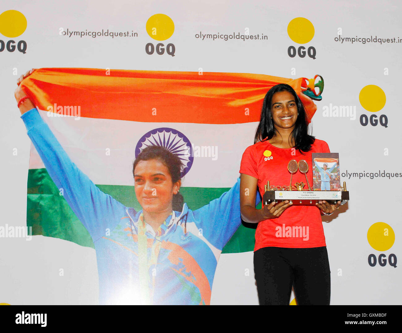 Indian badminton player Rio Olympics silver medallist P V Sindhu felicitation function organised Olympic Gold Quest Mumbai Stock Photo