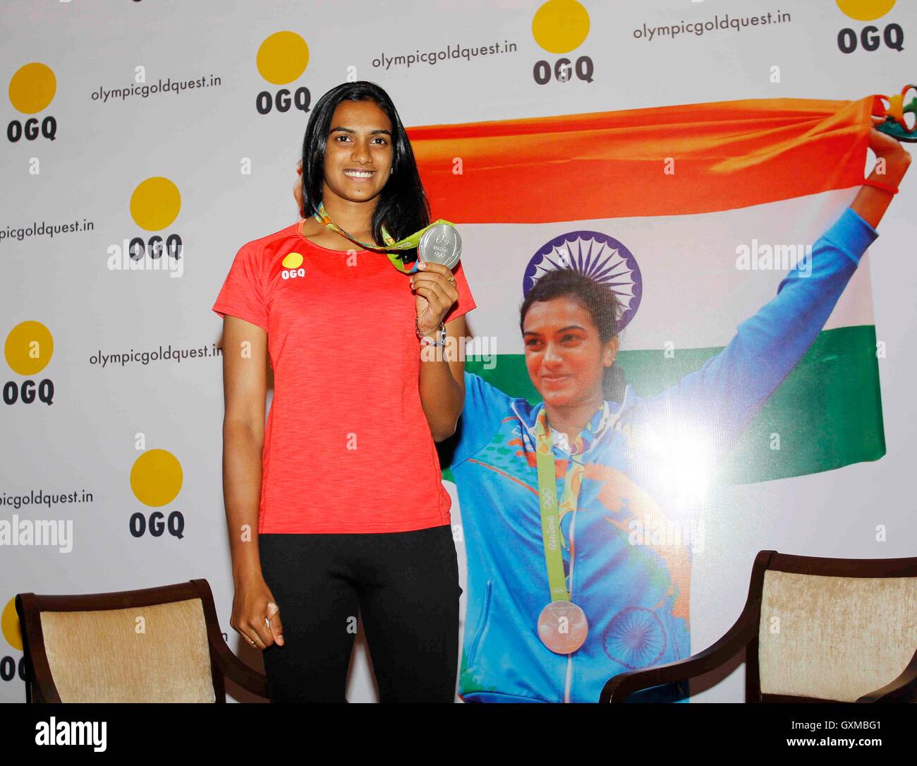 P. V. Sindhu , Indian badminton player and Rio Olympics silver medallist during the felicitation function organised OGQ Mumbai India Stock Photo