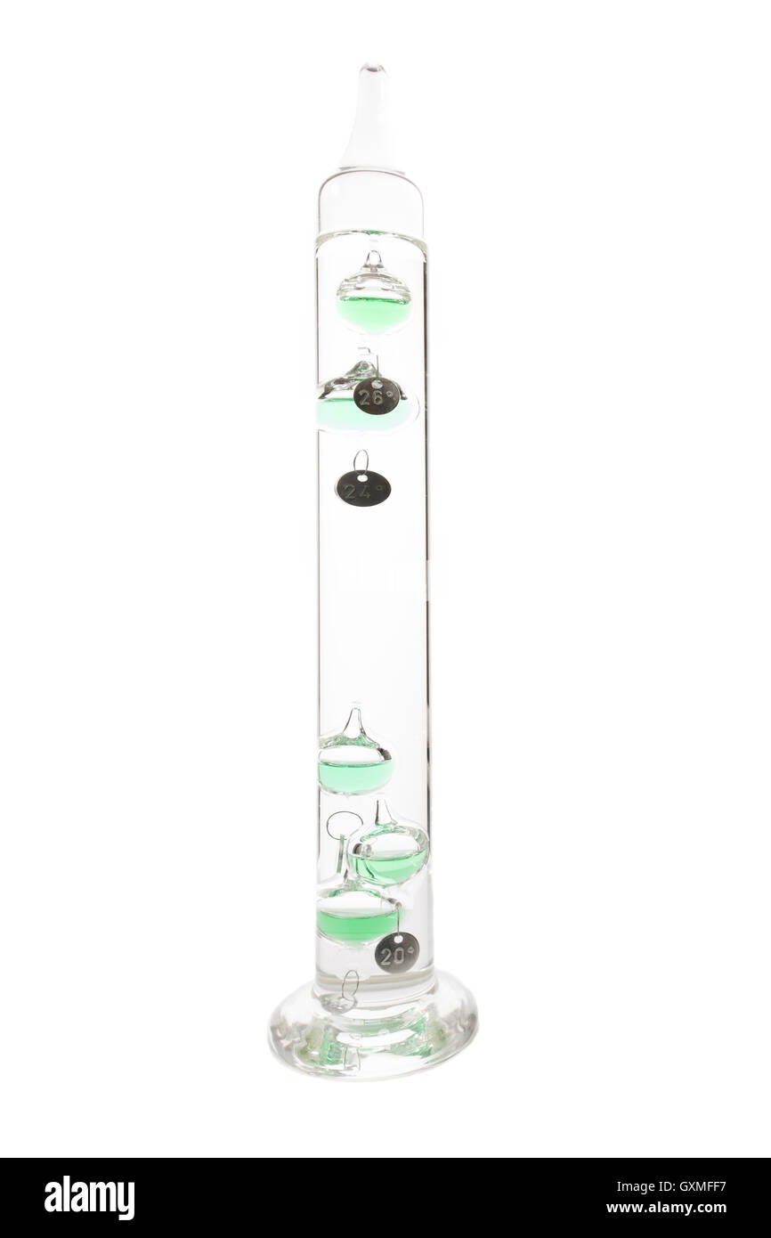 Galileo thermometer or Galilean thermometer, glass cylinder, several glass vessels of varying densities Stock Photo