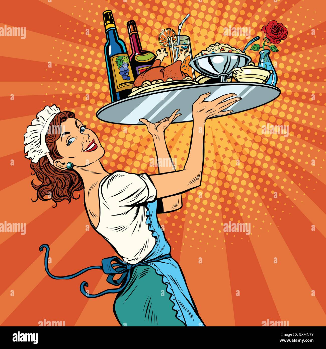 Beautiful young woman waitress in a restaurant Stock Vector