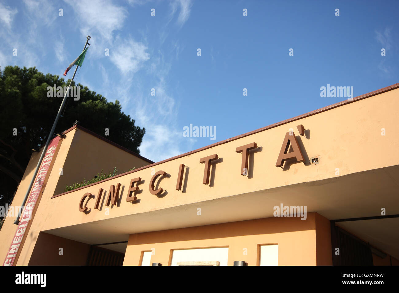 the sign at the entrance of cinecittà, Romes famous film and televisions studios, Rome Italy, la dolce vita, Fellini Stock Photo