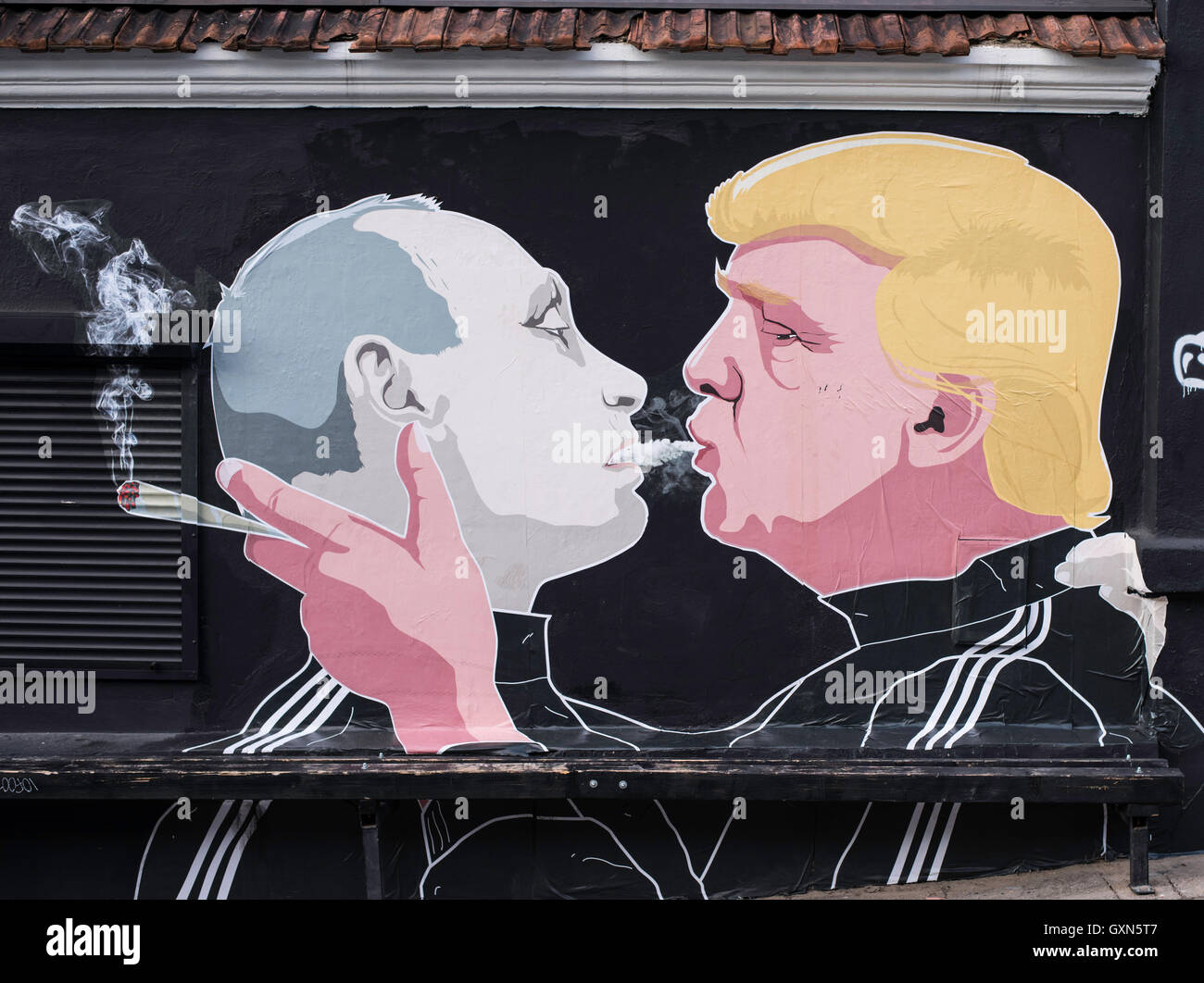 Vilnius, Lithuania. 16th September, 2016. New picture of Vladimir Putin and Donald Trump kiss in Vilnius, Lithuania Credit:  Aleksandr Lukjanov/Alamy Live News Stock Photo