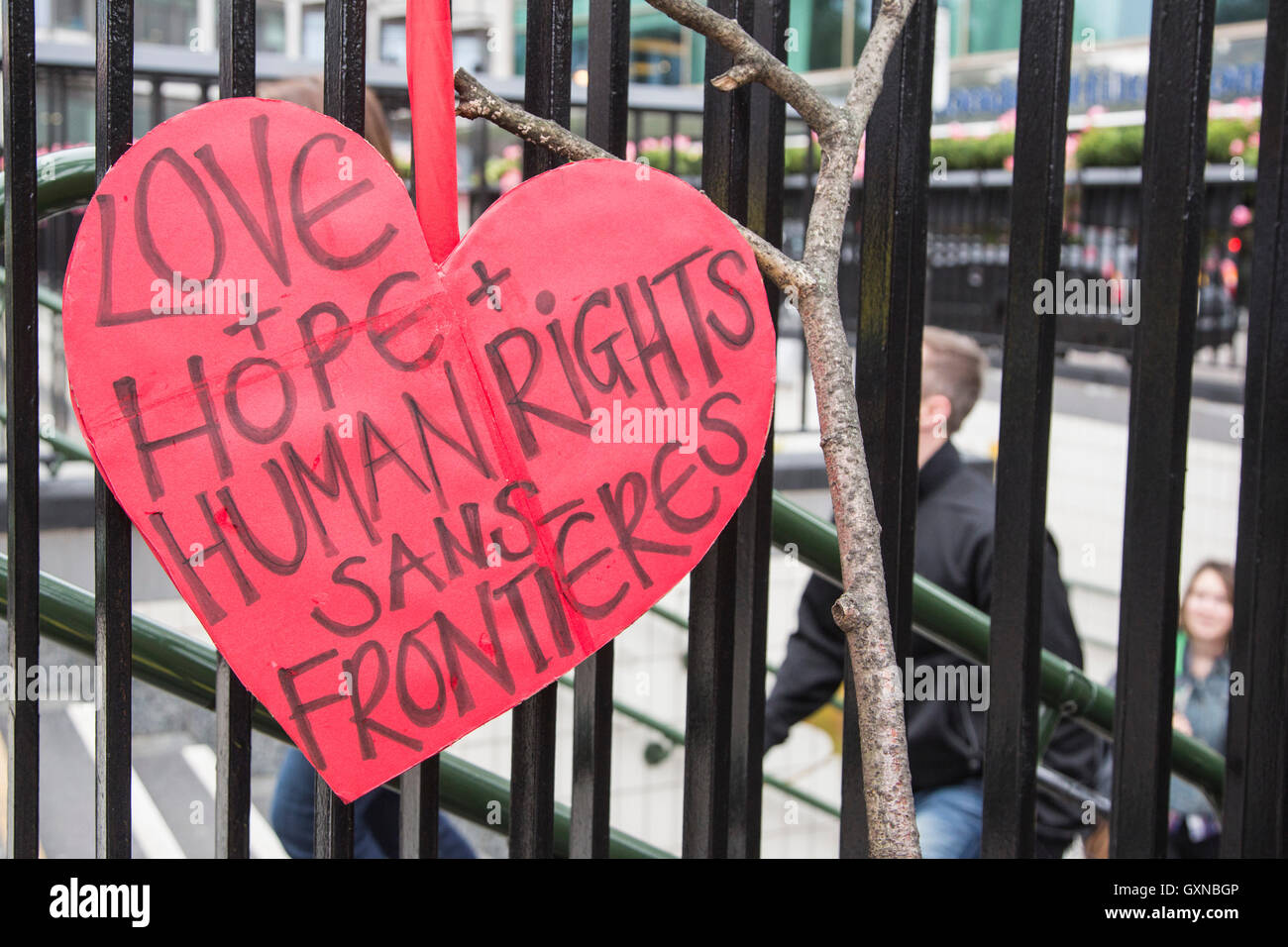 London, UK. 17 September 2016. Thousands of people take to the streets in a Refugees Welcome march in Central London ahead of a meeting of world leaders discussing the refugee crisis in New York. Credit:  Bettina Strenske/Alamy Live News Stock Photo