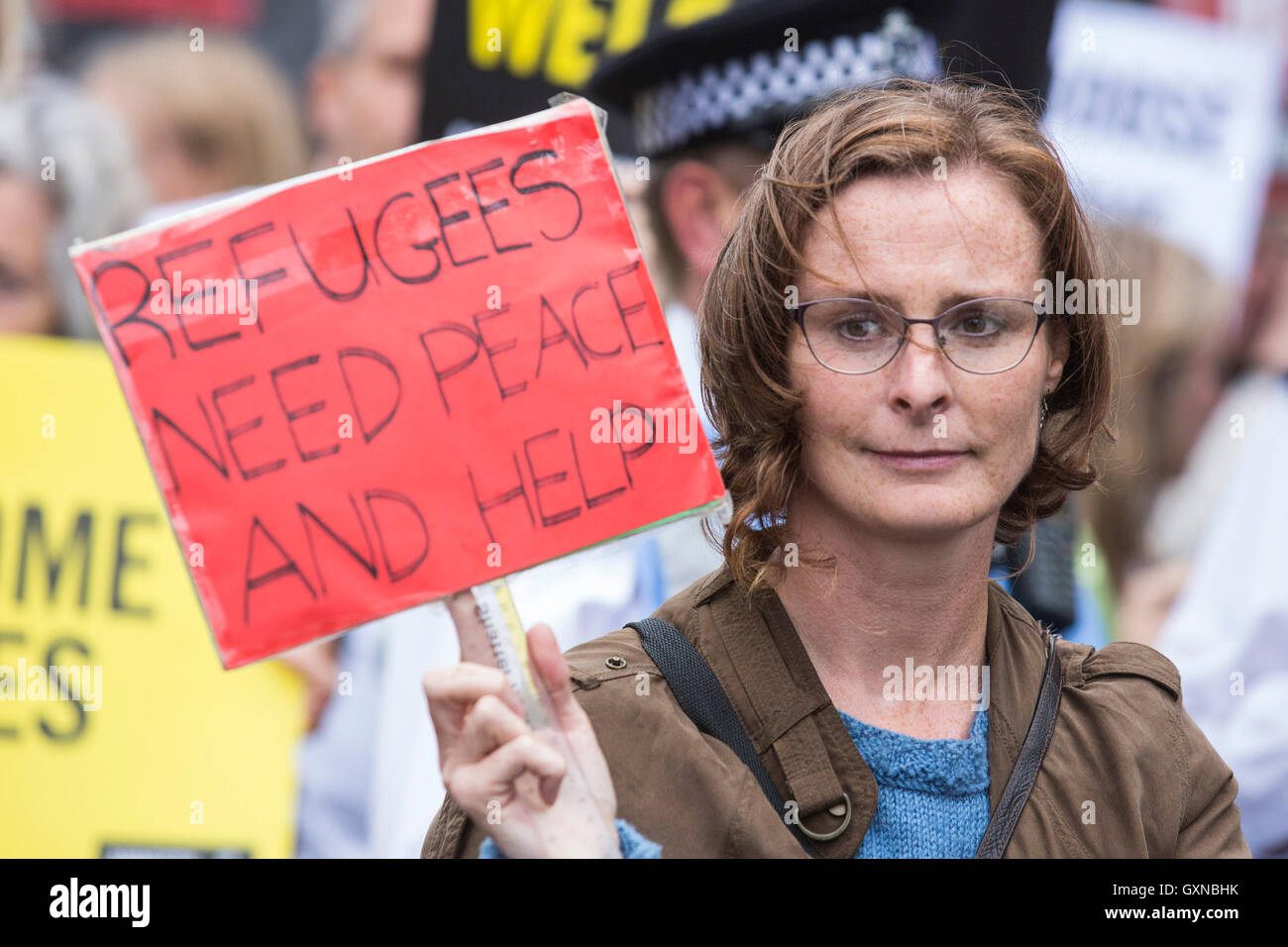 London, UK. 17 September 2016. Thousands of people take to the streets in a Refugees Welcome march in Central London ahead of a meeting of world leaders discussing the refugee crisis in New York. Credit:  Bettina Strenske/Alamy Live News Stock Photo