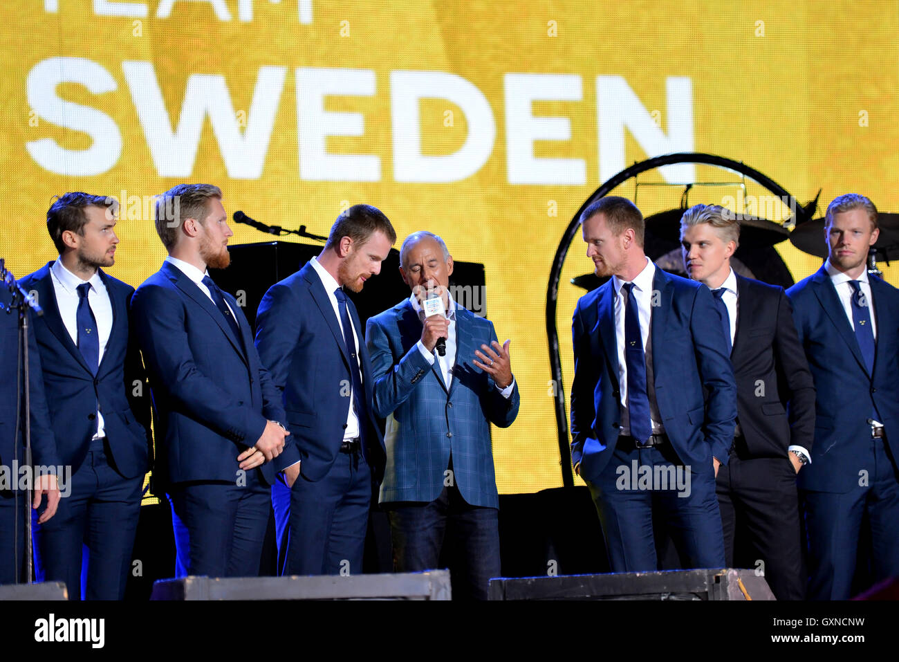 Toronto, Canada - September 16, 2016:  Ron Maclean interviews the Sedin twins of team Sweden at the World Cup of Hockey premiere party. Credit:  Paul McKinnon/Alamy Live News Stock Photo