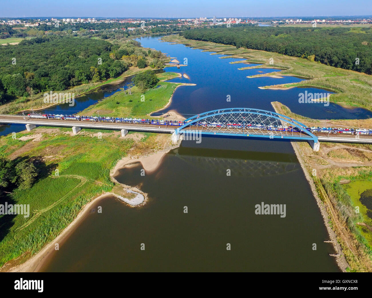 An aerial photo with a drone shows the Oder, the German-Polish border ...