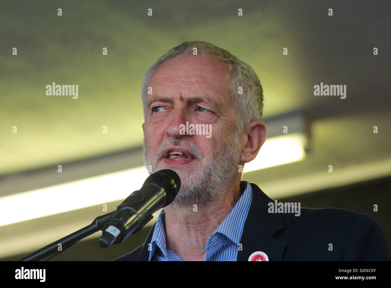 Labour Party Leader, Jeremy Corbyn, pictured speaking at a rally for supporters during his second battle for the leadership vote Stock Photo