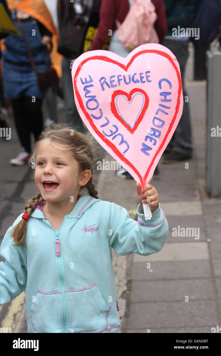 LONDON, UK - September 17: Thousands of people march through London to show solidarity with Refugees on 17 September 2016. The march from Hyde Park to Parliament Square follows reports of the many people who have lost their lives including a young boy Aylan Kurdi trying to flee from their war torn countries to safety in Europe. Last year the government agreed to resettle 20,000 Syrian refugees. Credit:  David Mbiyu/Alamy Live News Stock Photo