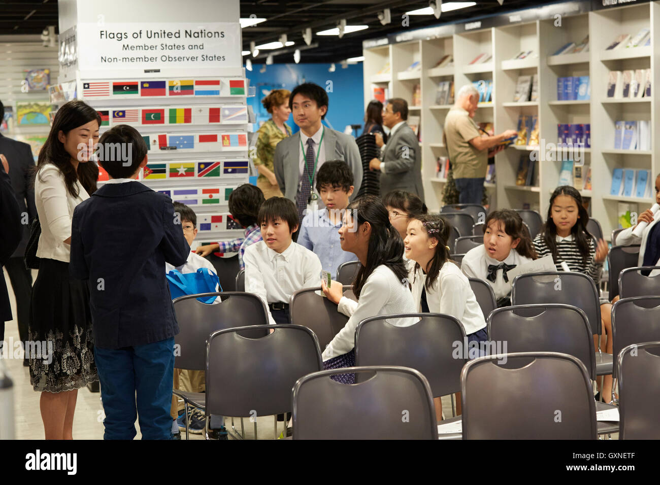 Author Seiko Takase, signs books and greeted guest at the UN Book Store on the International Day of Peace. Seiko Takase shares with us her father Chiyoji Nakagawa project known as the “Peace Bell” on the 35th Anniversary of the International Day of Peace. Stock Photo