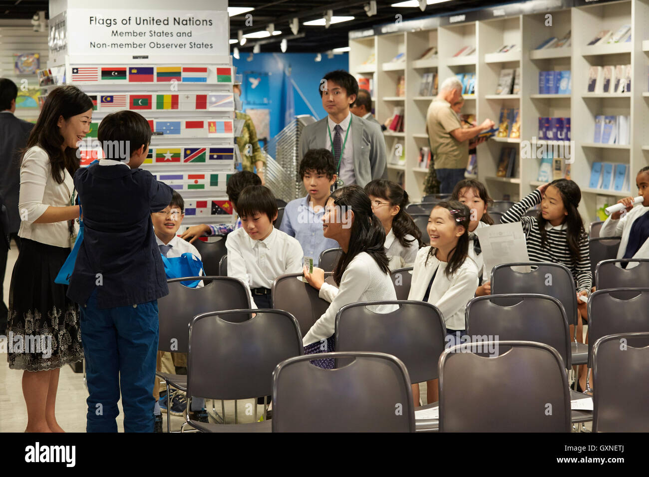 Author Seiko Takase, signs books and greeted guest at the UN Book Store on the International Day of Peace. Seiko Takase shares with us her father Chiyoji Nakagawa project known as the “Peace Bell” on the 35th Anniversary of the International Day of Peace. Stock Photo