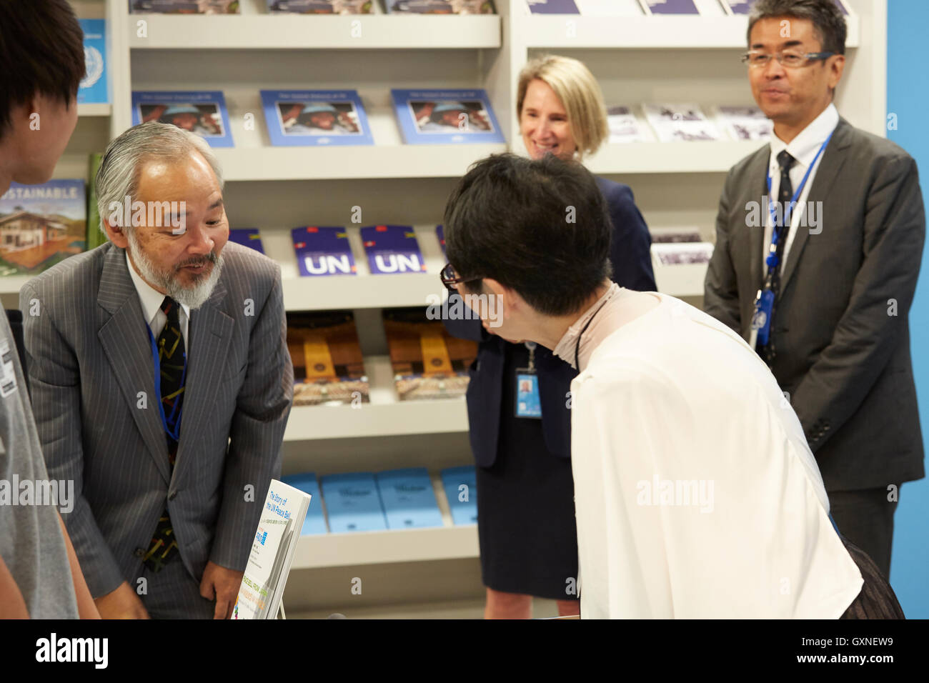 Author Seiko Takase, signs books and greeted guest at the UN Book Store on the International Day of Peace. Seiko Takase shares with us her father Chiyoji Nakagawa project known as the “Peace Bell” on the 35th Anniversary of the International Day of Peace. Stock Photo