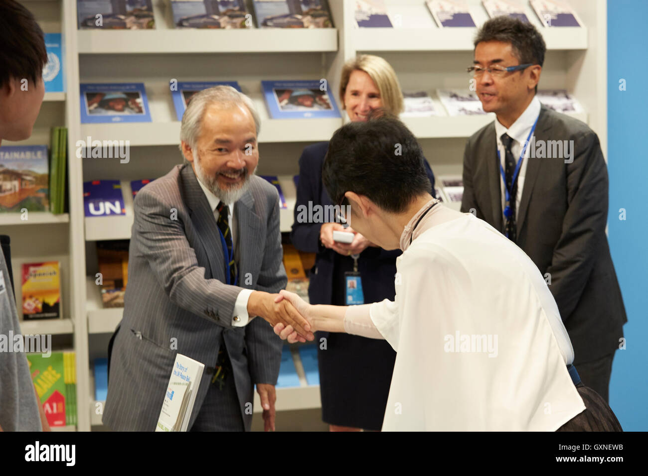 Author Seiko Takase, signs books and greeted guest at the UN Book Store on the International Day of Peace. Seiko Takase shares with us her father Chiyoji Nakagawa project known as the “Peace Bell” on the 35th Anniversary of the International Day of Peace. Stock Photo