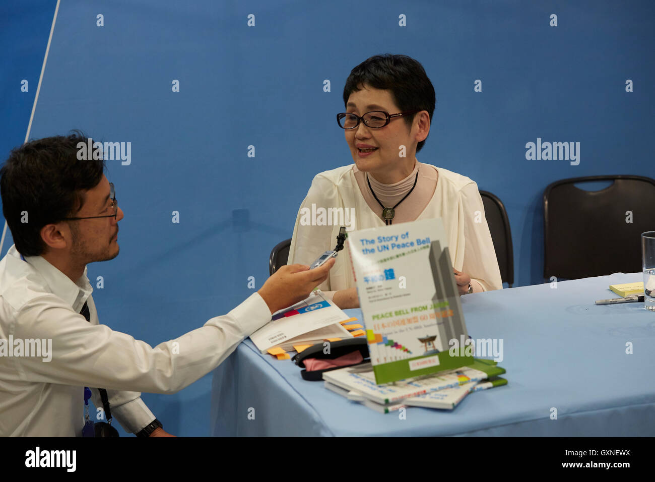 Author Seiko Takase, signs books and greeted guest at the UN Book Store on the International Day of Peace. Seiko Takase shares with us her father Chiyoji Nakagawa project known as the “Peace Bell” on the 35th Anniversary of the International Day of Peace. Stock Photo