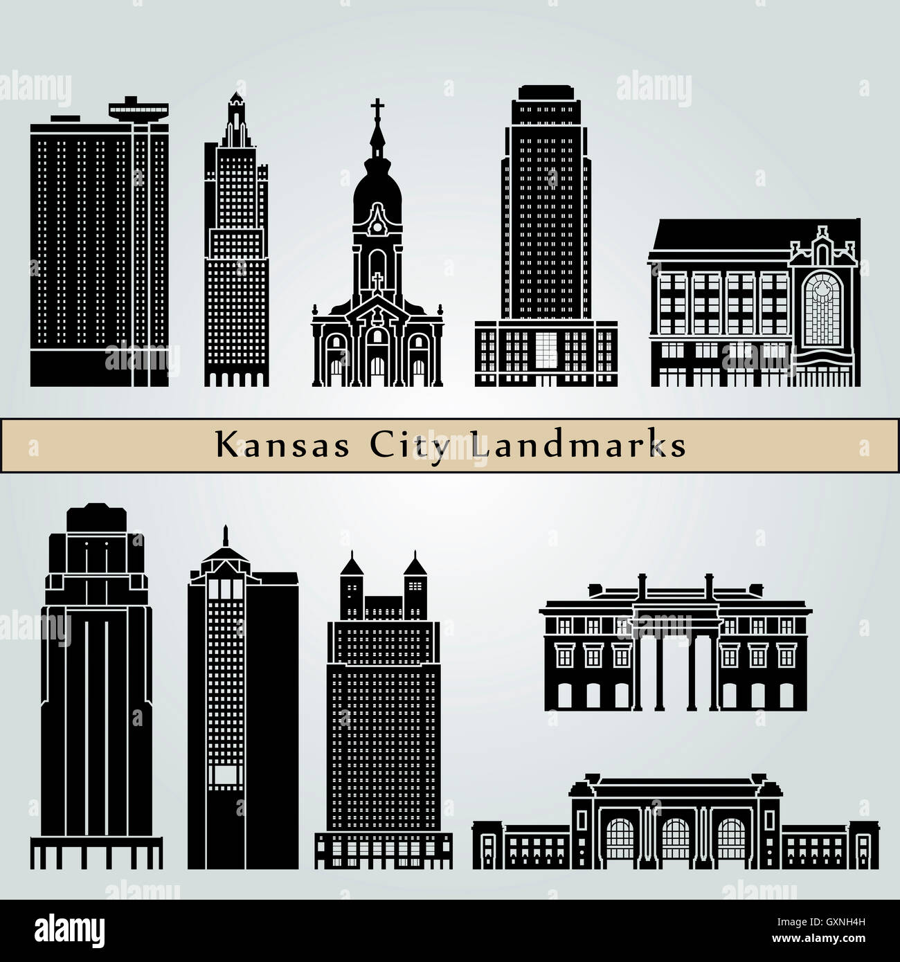 Kansas City landmarks and monuments isolated on blue background in editable vector file Stock Photo