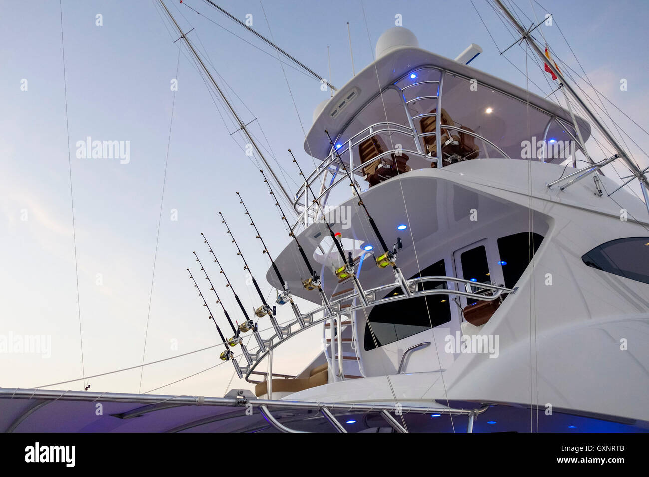 Angler rods of Luxury sports fishing boat in Marina, Puerto Banus, Marbella, Andalusia, Spain. Stock Photo
